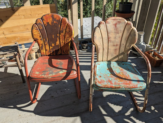 Vintage patio chairs, mid-century shell-back lawn chair pair