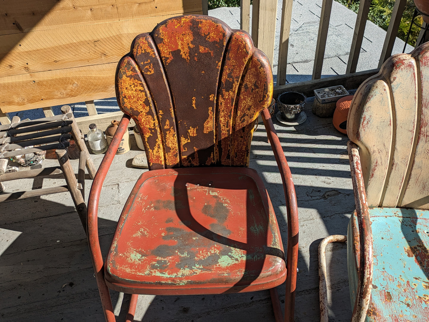 Vintage patio chairs, mid-century shell-back lawn chair pair