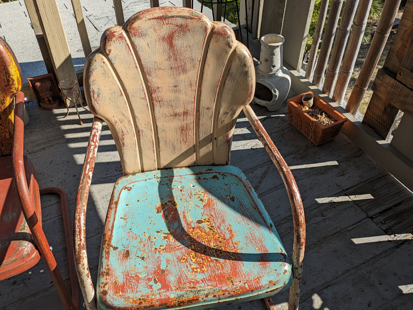 Vintage patio chairs, mid-century shell-back lawn chair pair