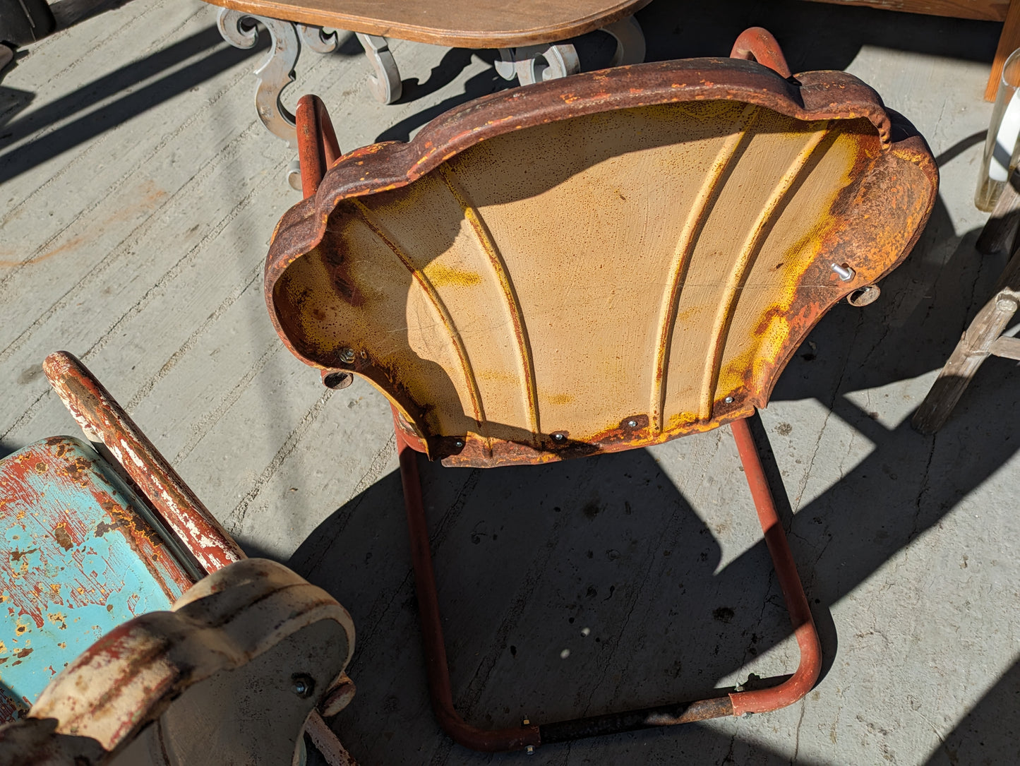 Vintage patio chairs, mid-century shell-back lawn chair pair