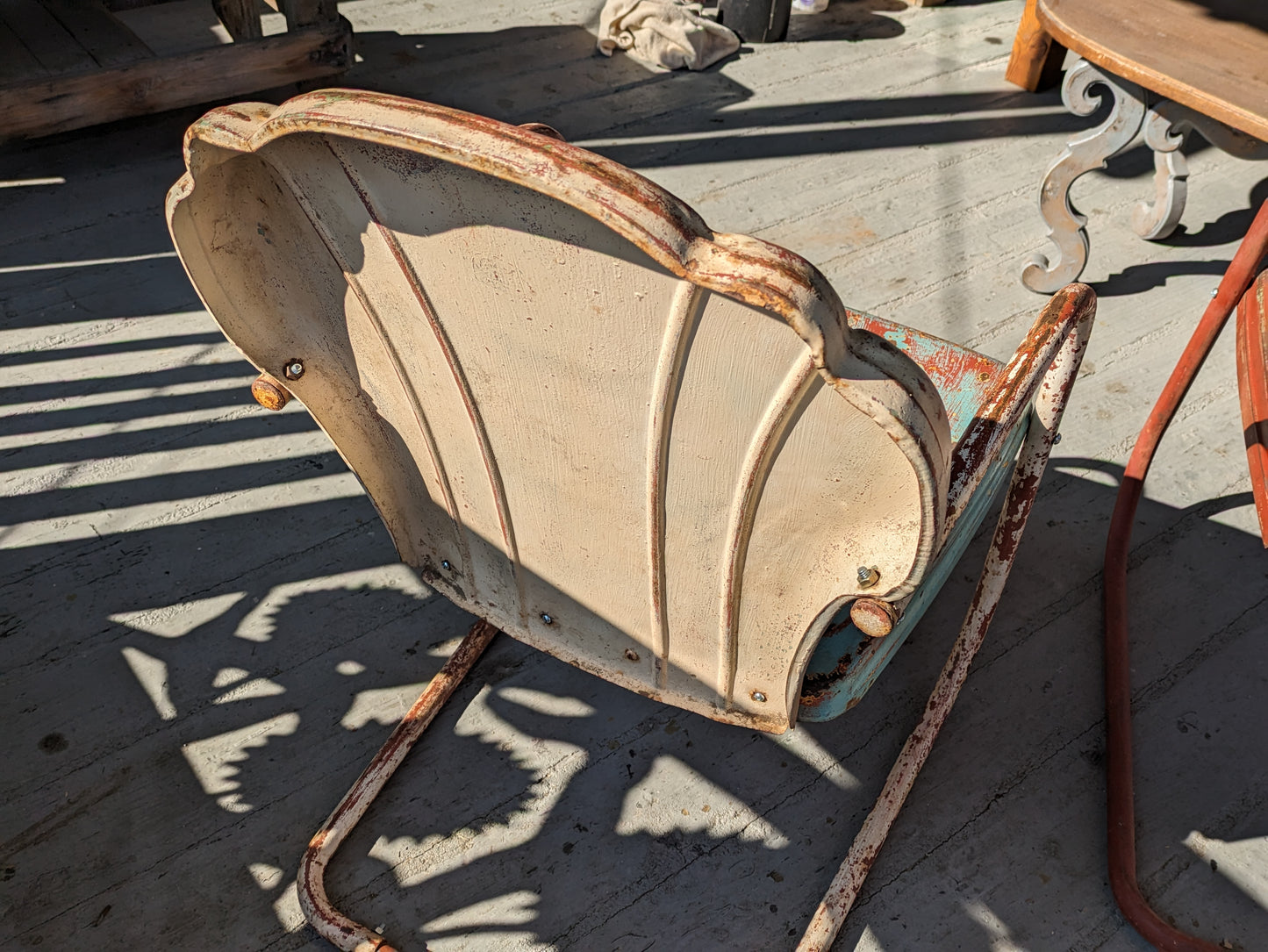 Vintage patio chairs, mid-century shell-back lawn chair pair
