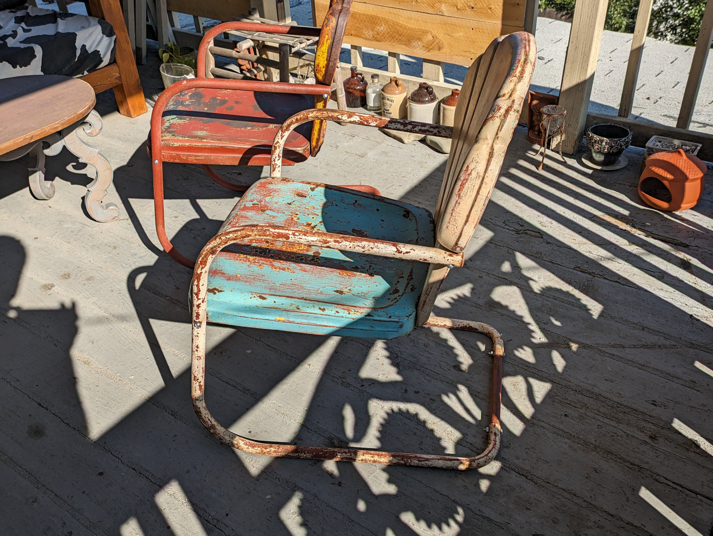 Vintage patio chairs, mid-century shell-back lawn chair pair