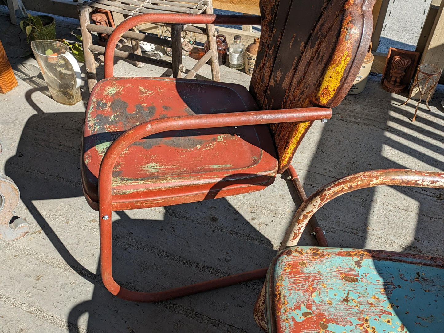 Vintage patio chairs, mid-century shell-back lawn chair pair