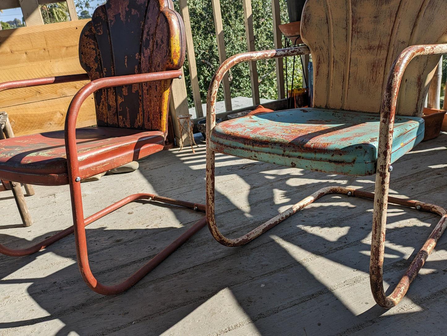 Vintage patio chairs, mid-century shell-back lawn chair pair