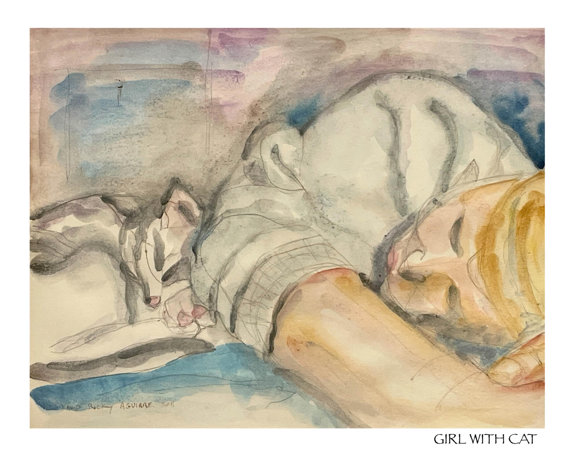 Girl with Cat print watercolor