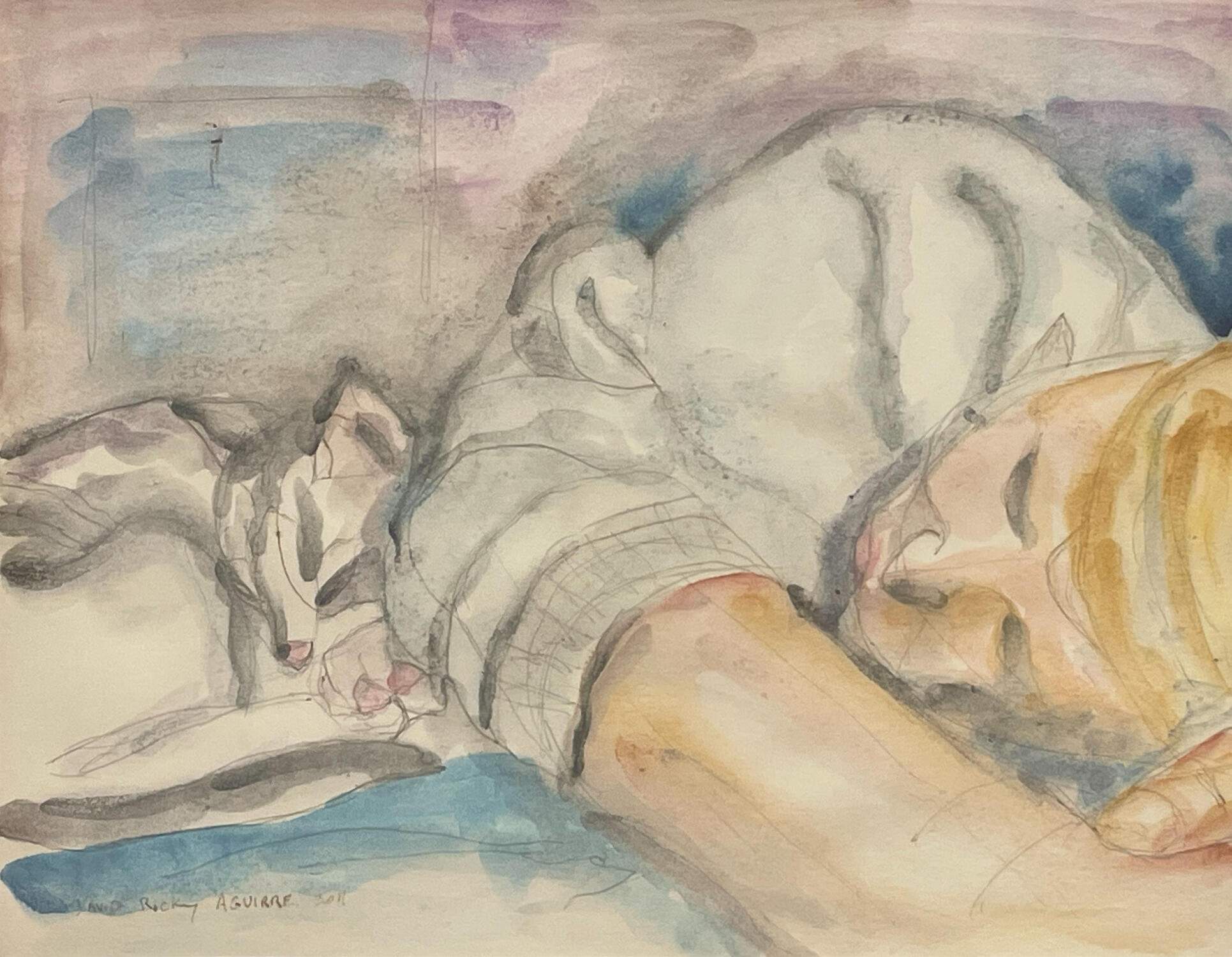 Girl with Cat Original watercolor 11 x 14 2011