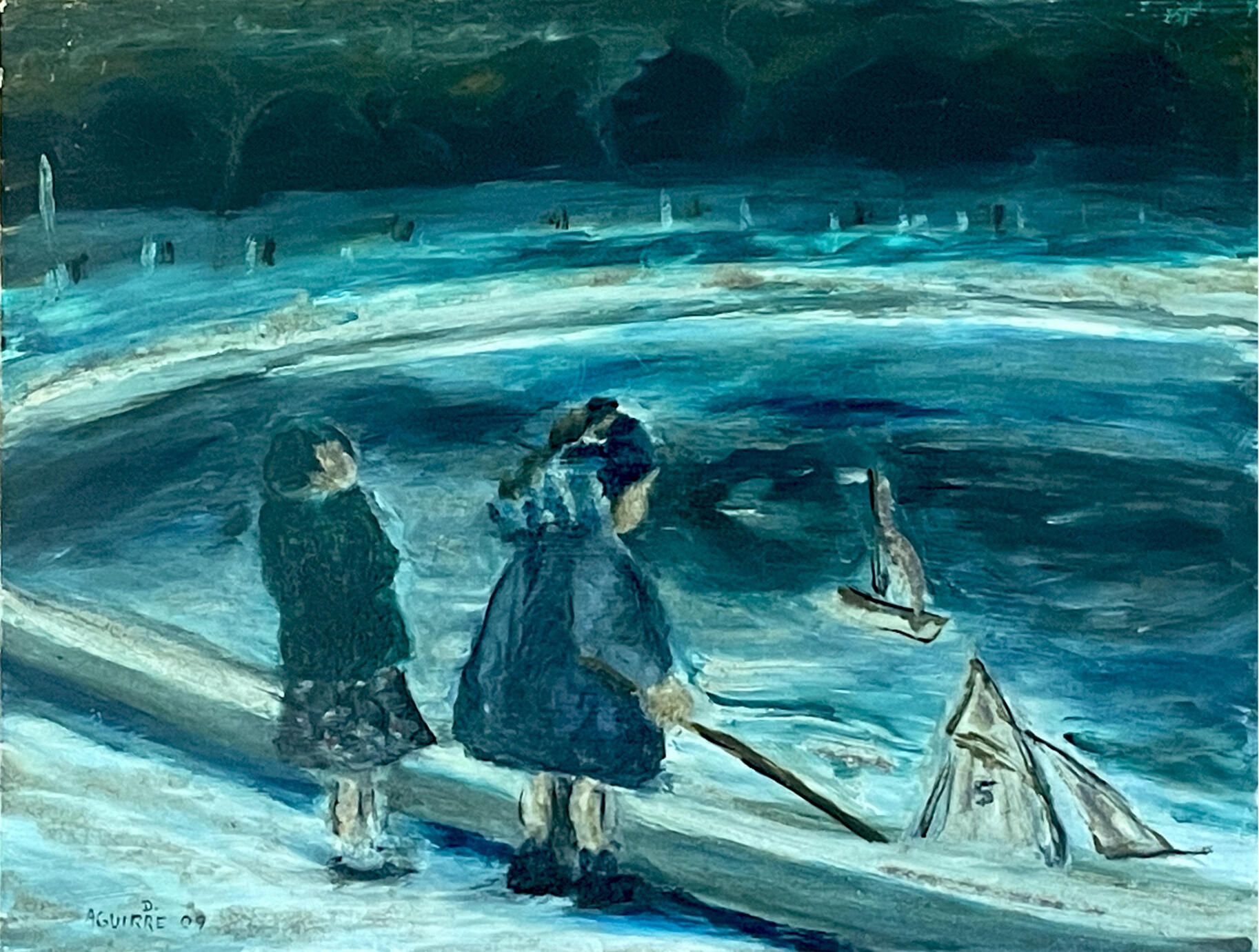 Original oil painting 2 girls 2 boats 2009